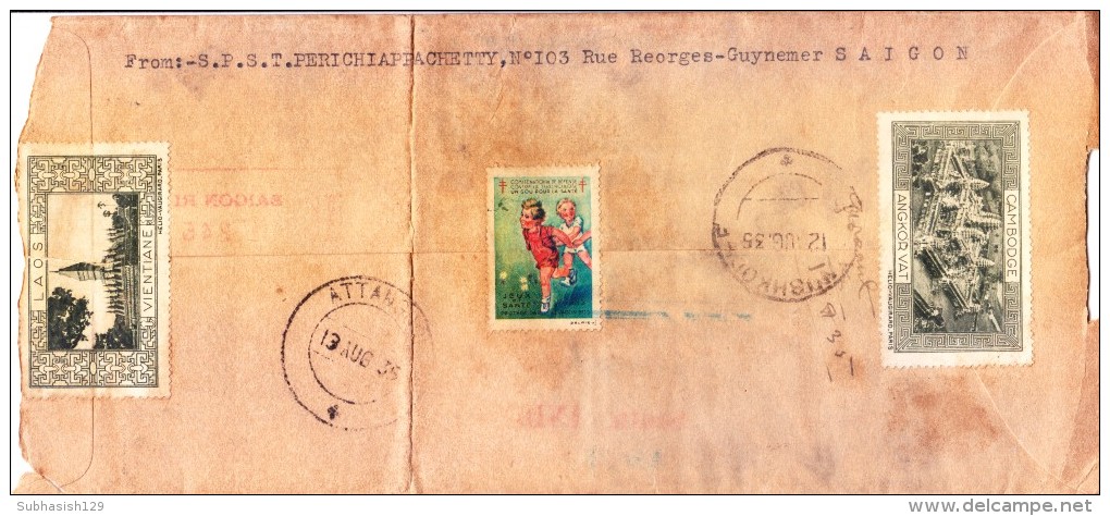 Indochine 1935 Registered Cover From Saigon To India Via Colombo With Three Different Labels On Back Side - Airmail