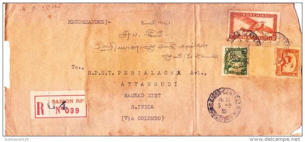 Indochine 1935 Registered Cover From Saigon To India Via Colombo With Three Different Labels On Back Side - Luchtpost