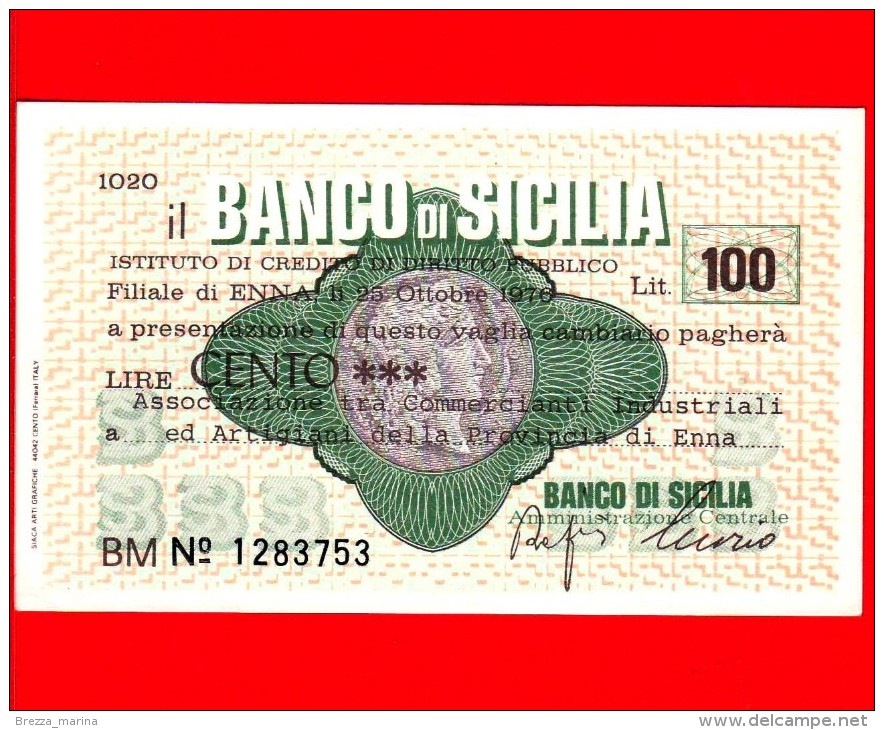 MINIASSEGNI - BANCO DI SICILIA  - L. 100 - Nuovo - FdS - [10] Cheques Y Mini-cheques