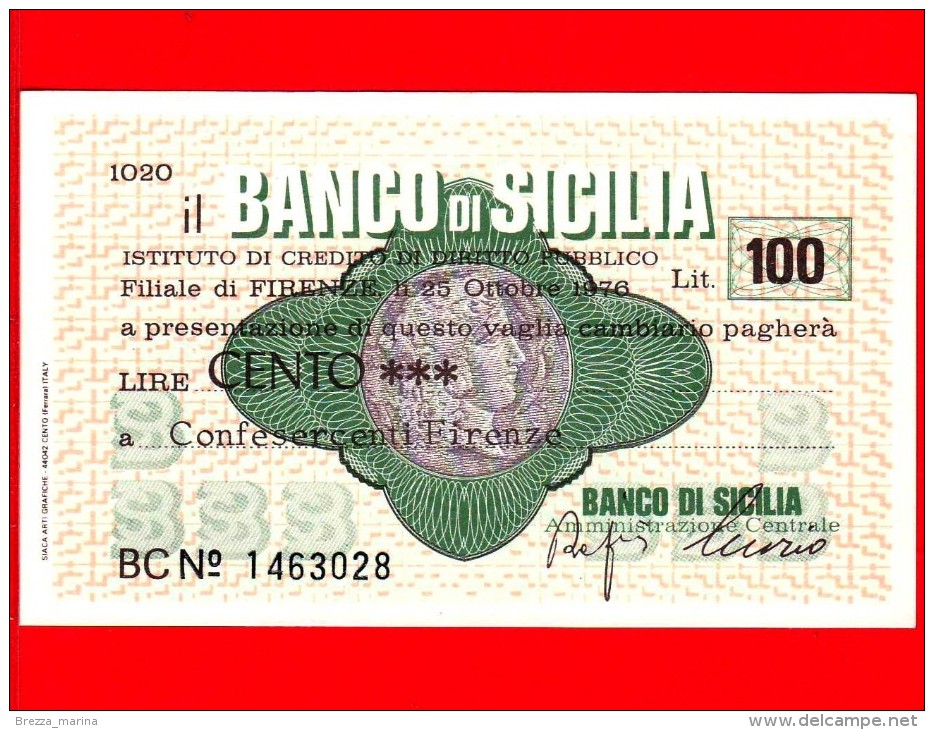 MINIASSEGNI - BANCO DI SICILIA  - L. 100 - Nuovo - FdS - [10] Assegni E Miniassegni