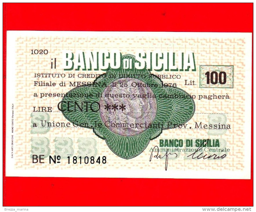 MINIASSEGNI - BANCO DI SICILIA  - L. 100 - Nuovo - FdS - [10] Cheques Y Mini-cheques