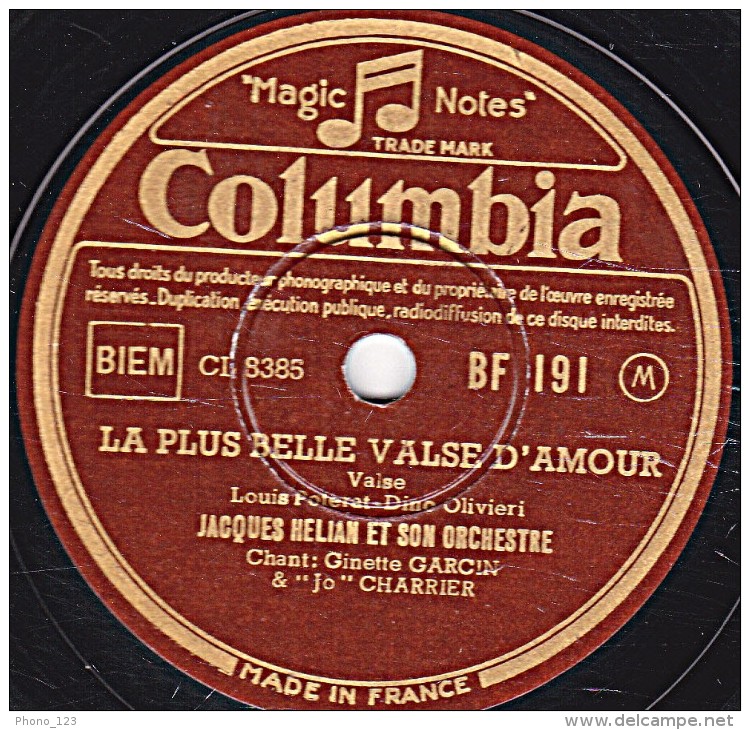 78 Trs - Columbia BF 191 - état EX -  JACQUES HELIAN -  JIMBO L'ELEPHANT - LA PLUS BELLE VALSE D'AMOUR - 78 Rpm - Schellackplatten