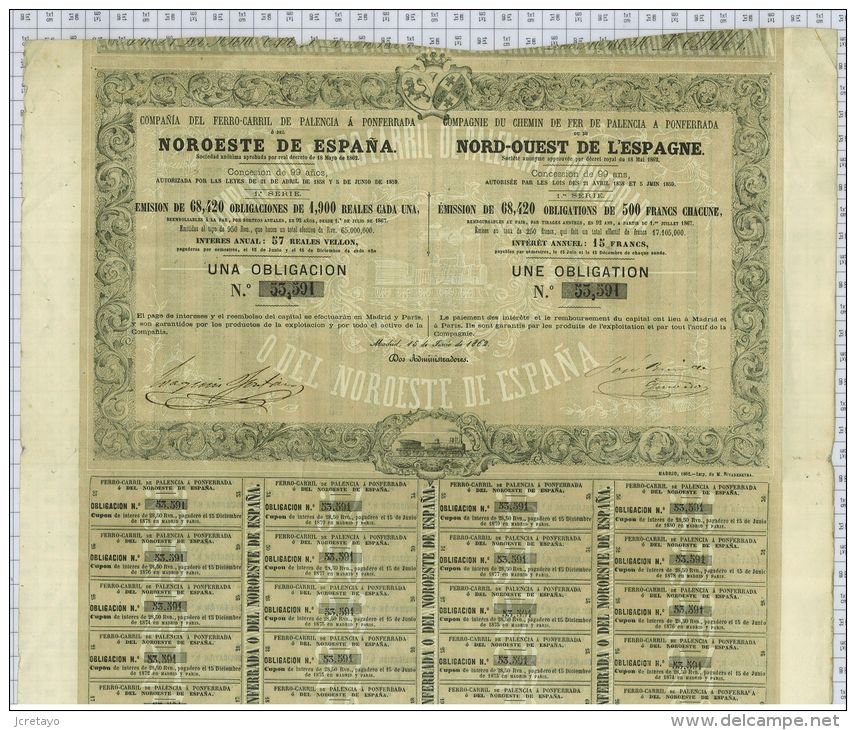 Cie Du Chemin De Fer De Palencia à Ponferrada Ou Du Nord Ouest De L'Espagne, 1862 - Chemin De Fer & Tramway
