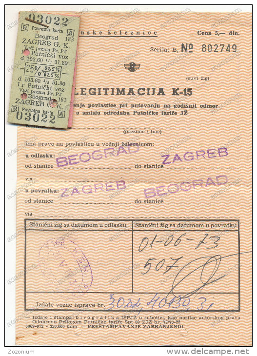 YUGOSLAVIAN STATE RAILWAY - Train Ticket ,  Belgrade Zagreb , Collektive Discount K15, - Europa