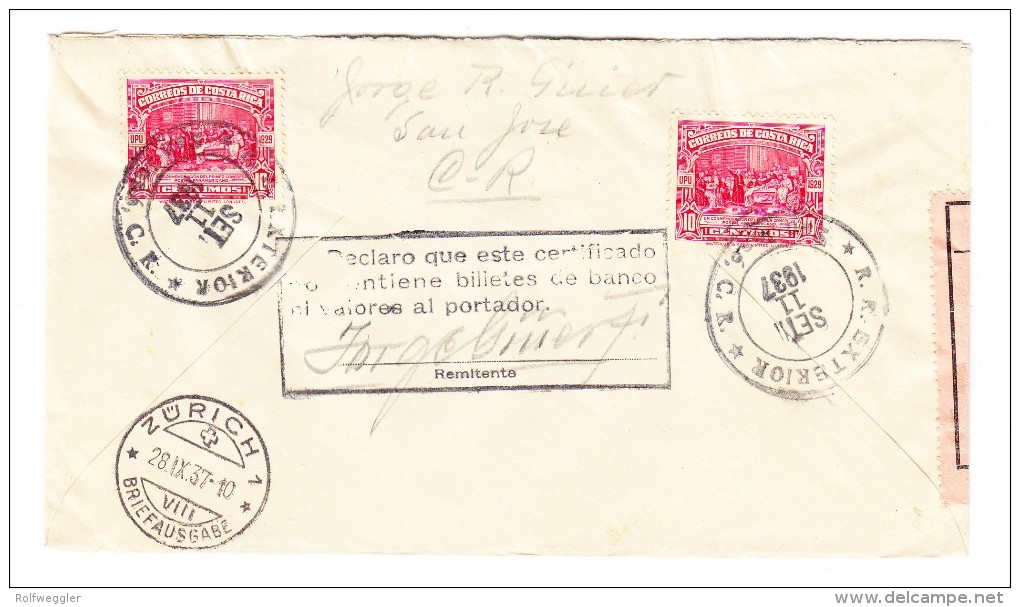 1930/36 R-Brief Von San Jose Nach Zürich Schweiz Mit Diversen Stempeln - Costa Rica