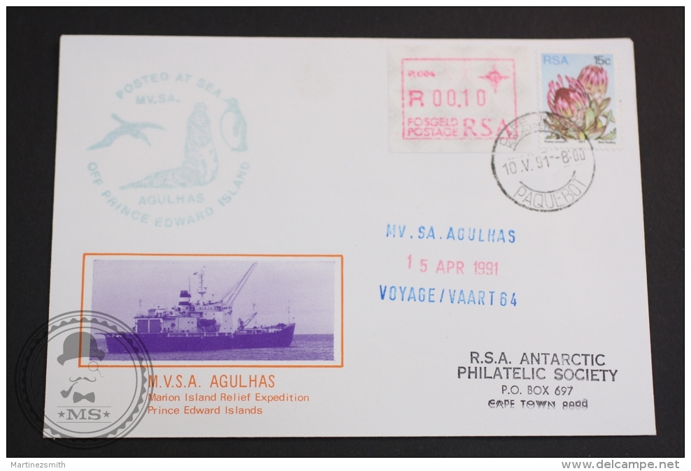 April 15, 1991 Cover - M.V.S.A. Agulhas Marion Island Relief Expedition - Posted At Sea - Antarctic Postmark - Barcos Polares Y Rompehielos