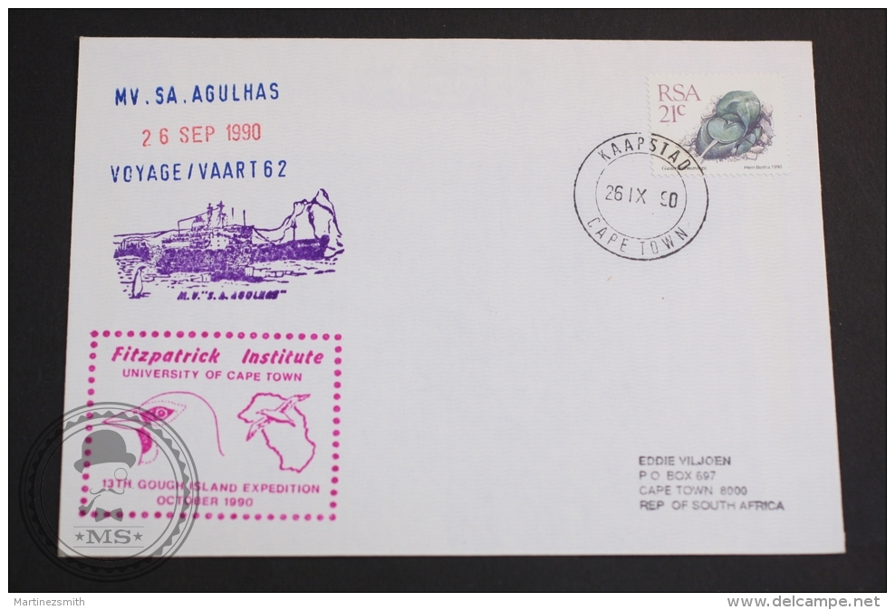 September 26, 1990 Cover - MV. SA. Agulhas - 13th Gough Island Expedition - Fitzpatrick Institute & Cape Town Postma - Polar Ships & Icebreakers