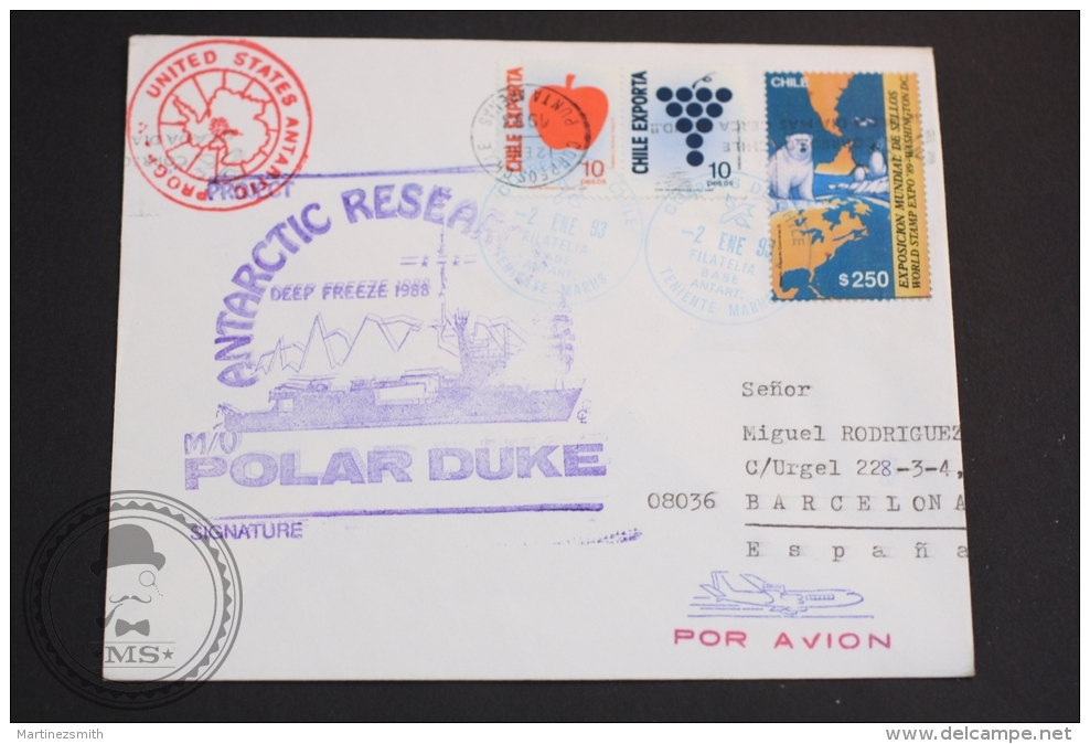 January 2, 1993 Cover - Antarctic Research Station Polar Duke Deep Freeze Boat, Air Mail, Chile Post & U.S. Postmark - Onderzoeksstations