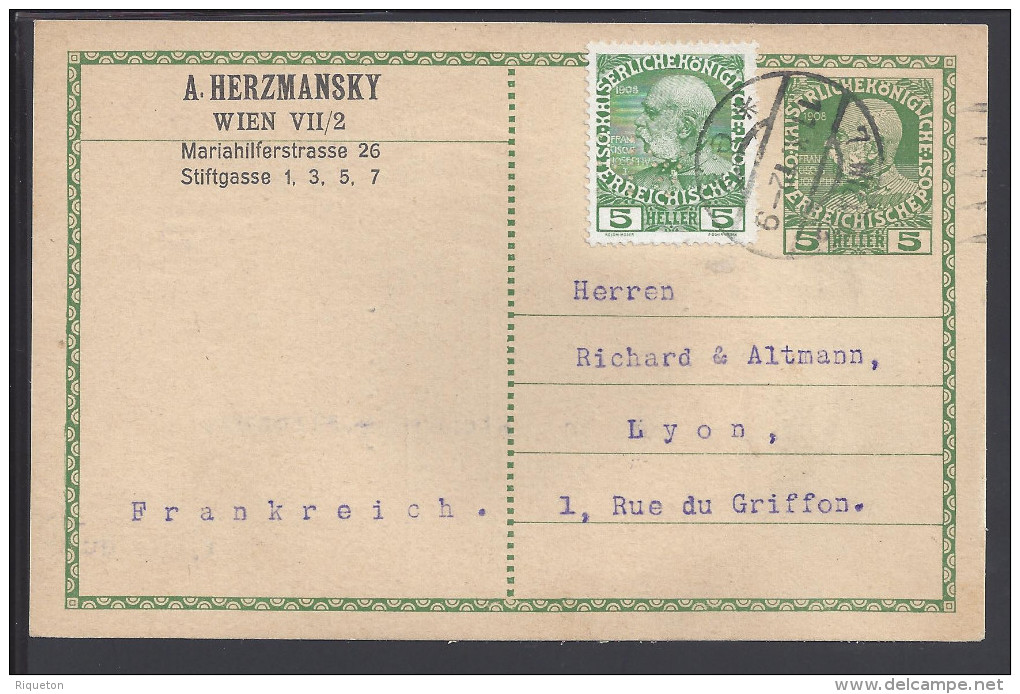 AUTRICHE - 1912 -  CARTE ENTIER POSTAL + COMPLEMENT D'AFFRANCHISSEMENT, DE VIENNE POUR LYON - - Other & Unclassified