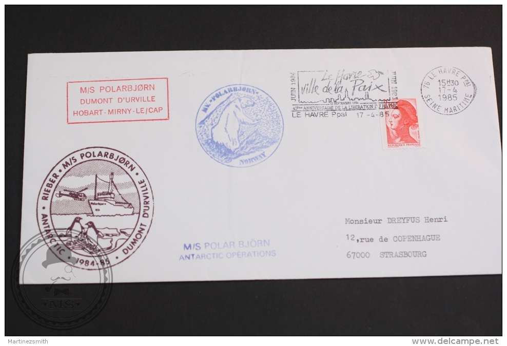 April 4, 1985 Cover - Norway MV Polar Bjorn Icebreaker Boat & Helicopter - Antarctic Rieber, Dumont D´Urville -Postm - Onderzoeksprogramma's