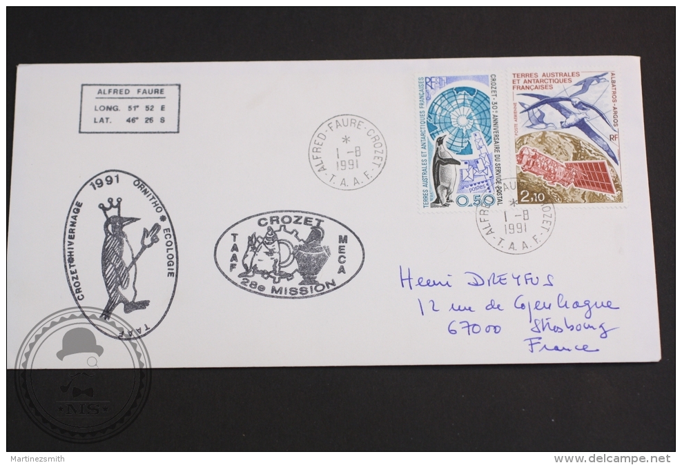 August 1, 1991 Cover - Alfred Faure, Crozet Hivernage Ornitho Ecologie, Penguins - Antarctic Postmarks - Forschungsprogramme