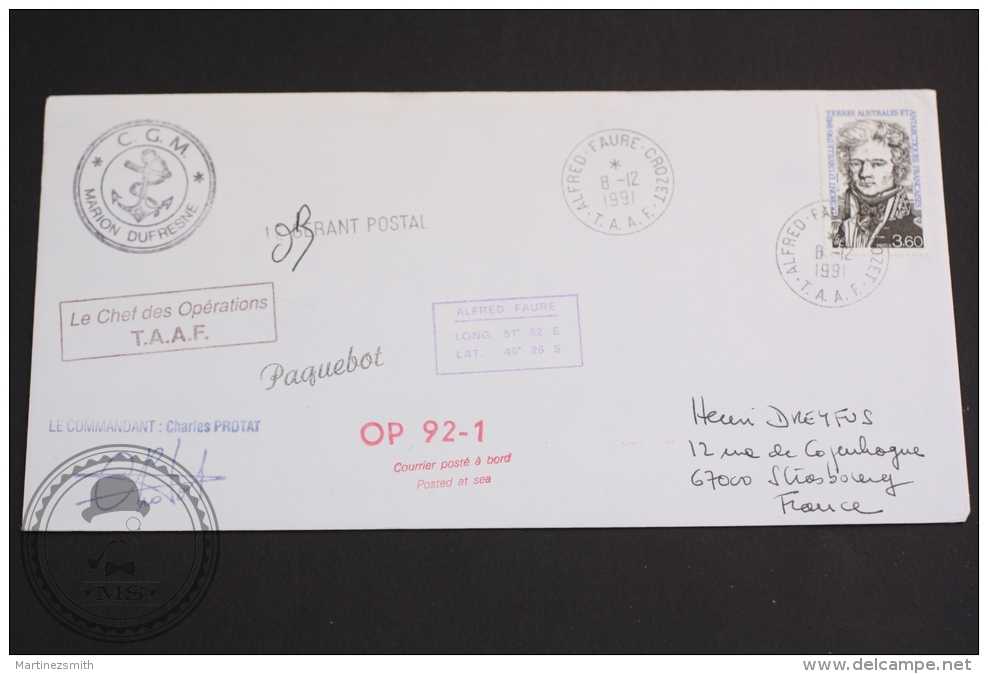 Deceber 8, 1991 Cover -  Alfred Faure Crozet, Marion Dufresne & Commander Charles Protat Postmarks - Posted At Sea - Research Programs