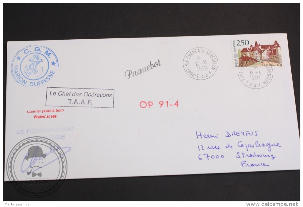 August 6, 1991 Cover -  Marion Dufresne, Port Aux Francais Kerguelen & Commander C. Loudes Postmarks - Posted At Sea - Forschungsprogramme