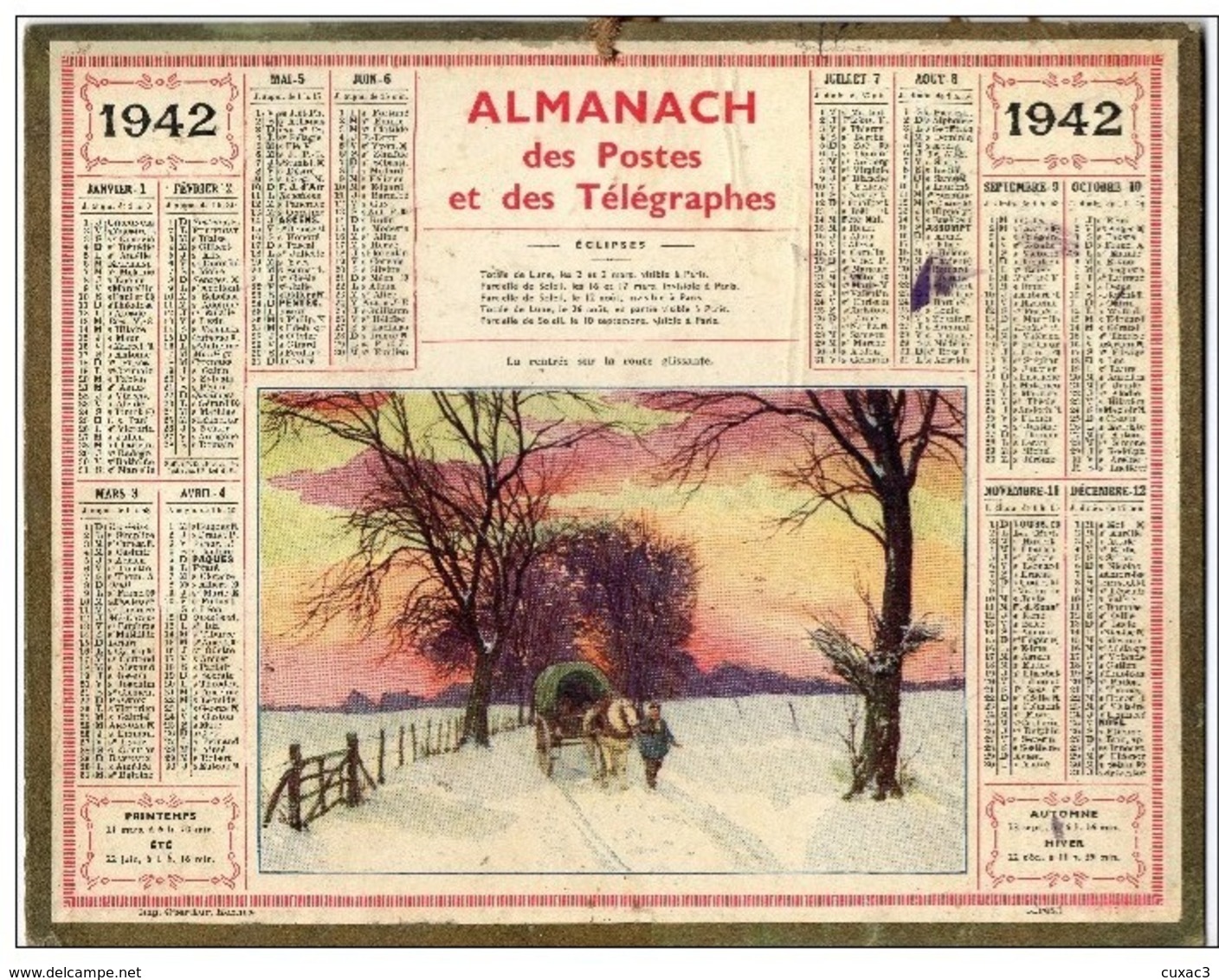 Almanach Des Postes Et Télégraphes 1942 - La Rentrée Sur La Route Glissante-  Département Aude - - Grand Format : 1941-60