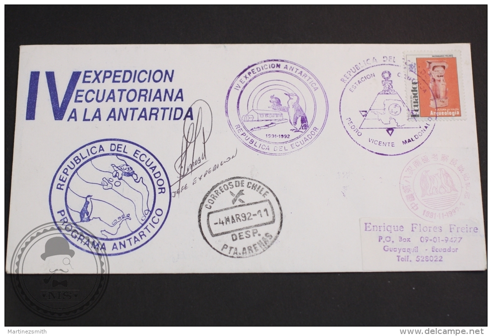 March 4, 1992 Antarctic Expedition Cover - Republic Of Ecuador, Scientific Station Pedro Vicente Maldonado & Chile P - Programmes Scientifiques