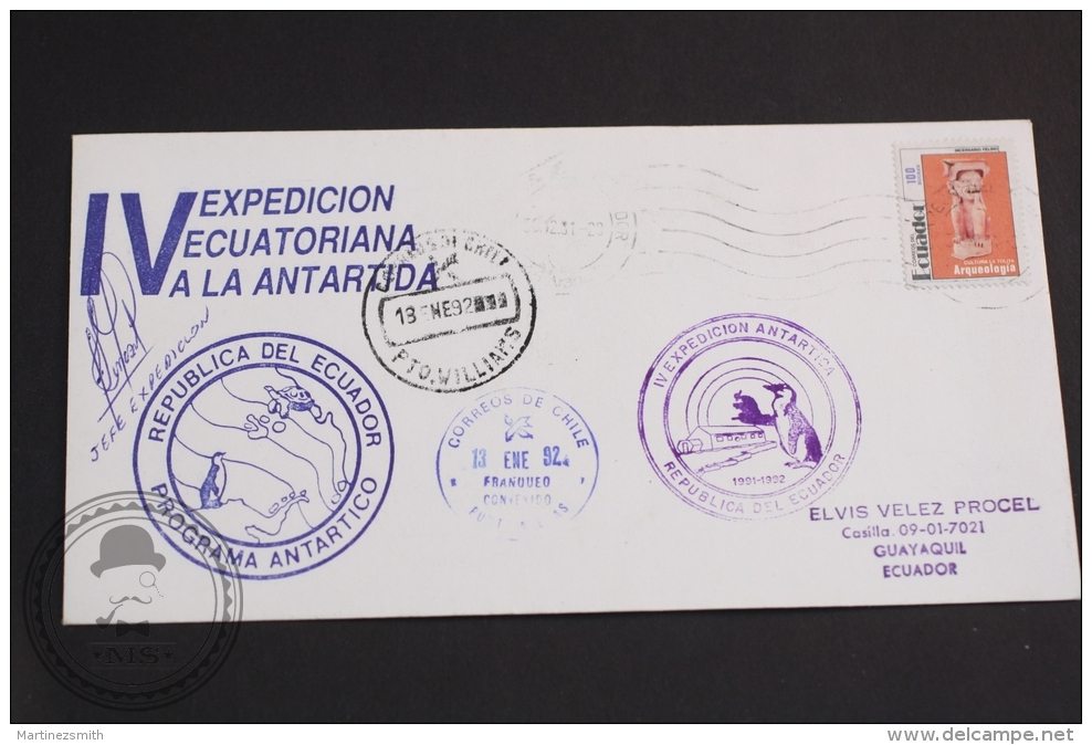 January 13,1992 IV Antarctic Expedition Cover Republic Of Ecuador, Scientific Station P. Vicente Maldonado & Chile P - Forschungsprogramme