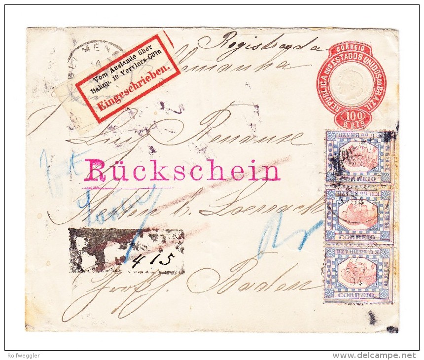 1891 - 100 R. Ganzsache + Zusatzfrankatur Nach Stetten B.Lörrach über Bahn "Verviers-Cöln" Marken Gummifleckig. - Lettres & Documents