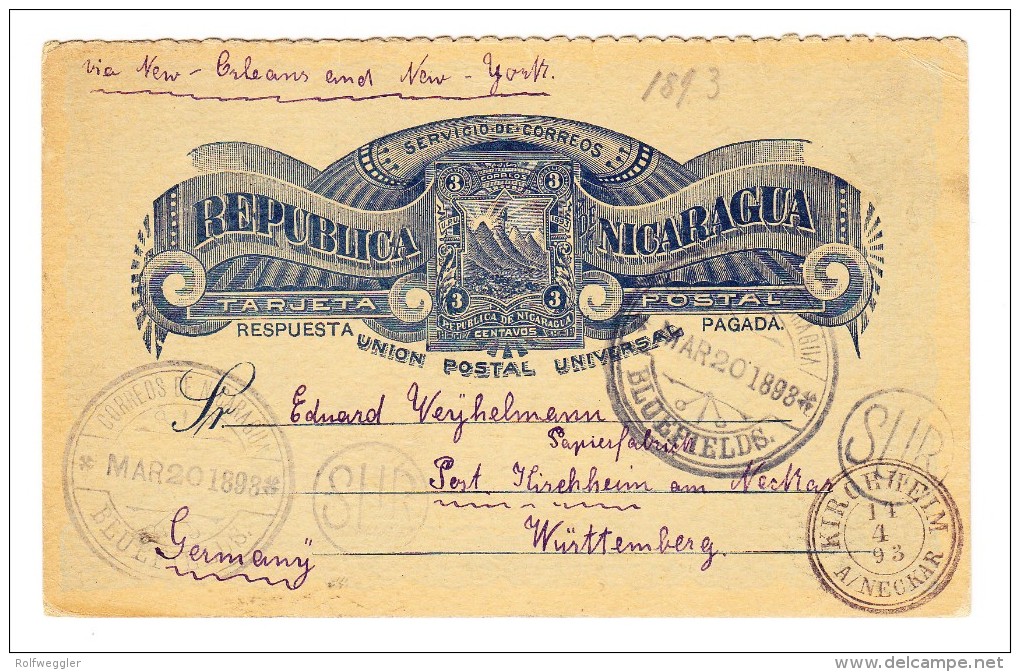 1893 - Nicaragua Ganzsache Karte Von Bluefields Nach Kirchheim Württemberg Via New-York - Nicaragua