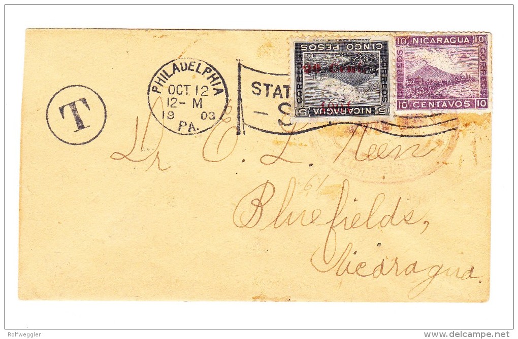 1903 - Nicaragua 10C + 20C (Kopfstehender Aufdruck)  Als Nachporto Auf Unfrankiertem Brief Von Philadelphia - Nicaragua