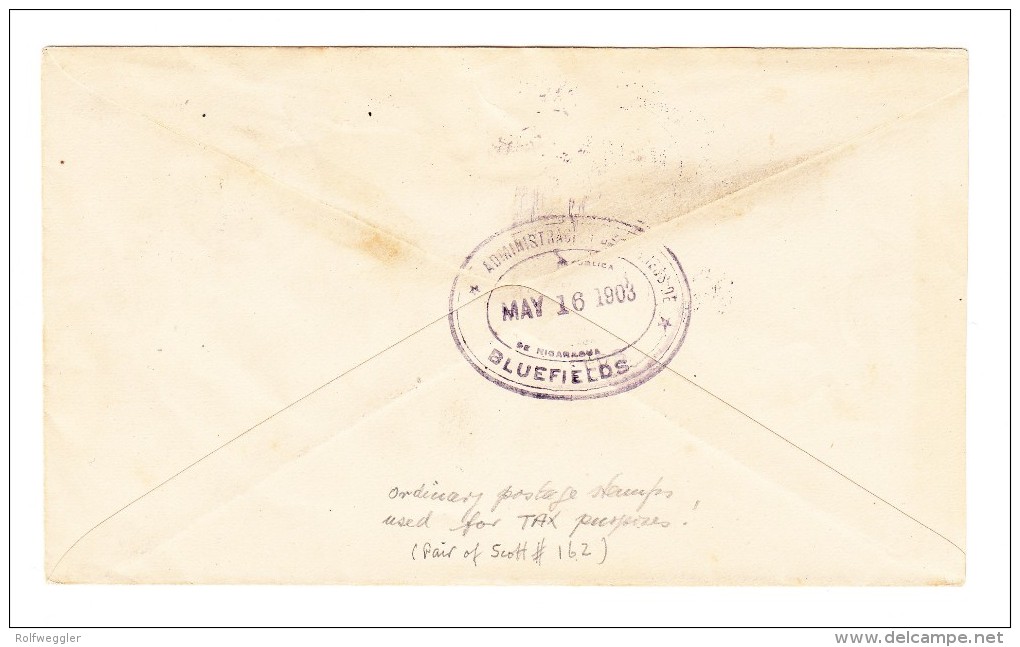 1903 - Nicaragua 2 X 15 C  Bluffields Gestempelt Als Nachporto Auf Unfrankiertem Brief Von New Orleans - Nicaragua