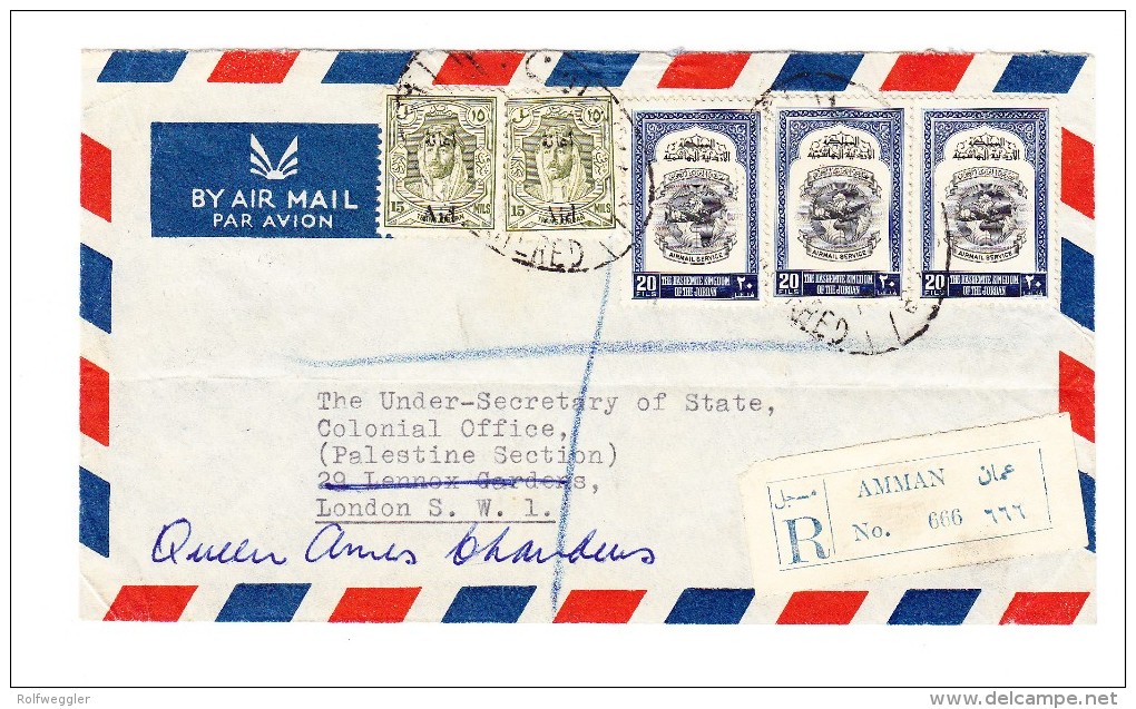 1950 Flugpost-R-Brief Von Jordanien Amman Nach London Mit 2 X 15 M Palästina Hilfe Und 3 X 20 F - Jordan