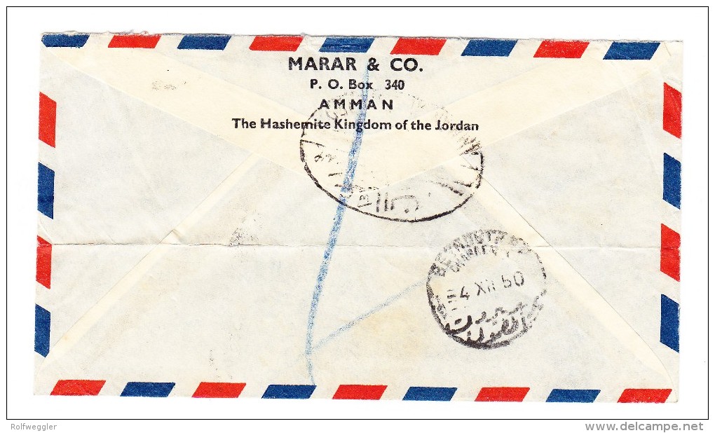 1950 Flugpost-R-Brief Von Jordanien Amman Nach London Mit 2 X 15 M Palästina Hilfe Und 3 X 20 F - Jordan