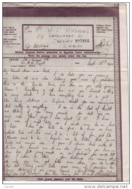 1942 27.9 AIRGRAPH MEF Egypt To Cardiff - Cartas & Documentos