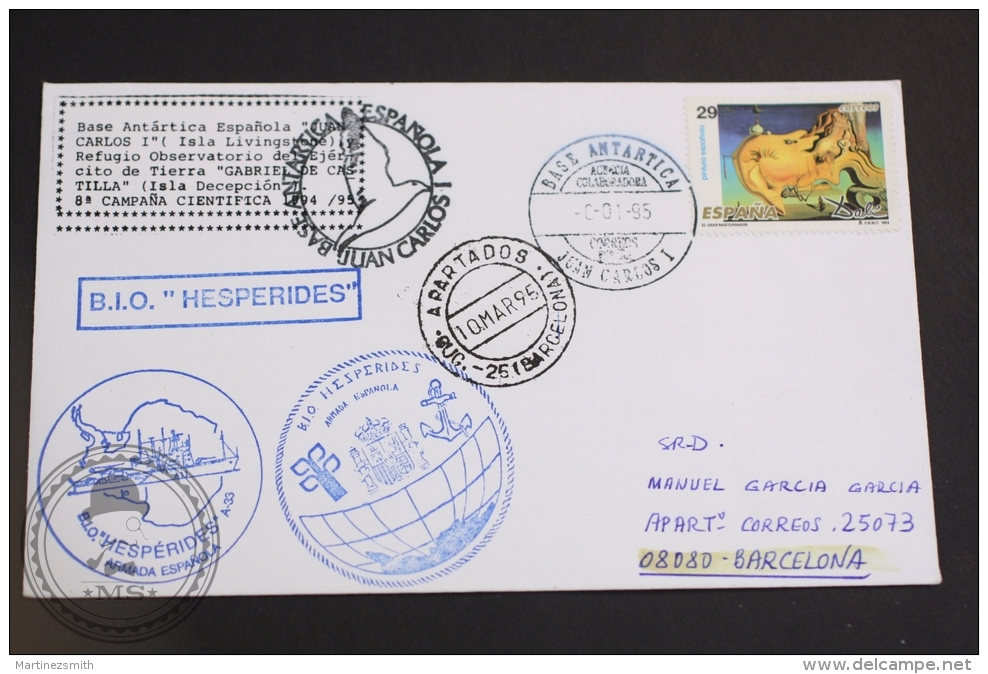 March 10, 1995 Topic Cover - B.I.O. Hesperides A-33, Spanish Army, Antarctic Base Juan Carlos I Postmarks - Dalí Stamp - Polar Explorers & Famous People