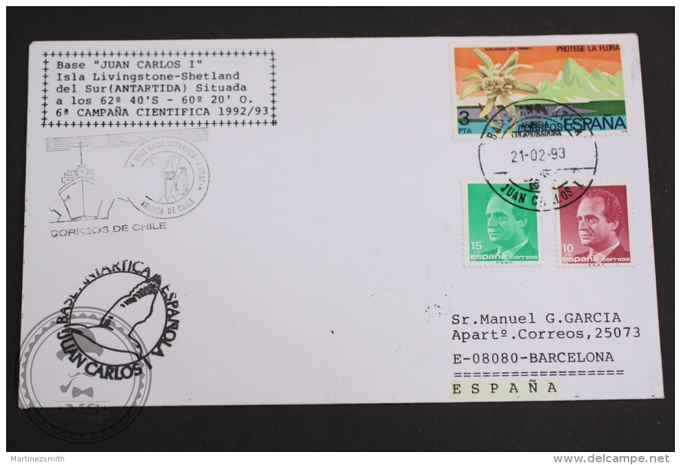 February 22, 1993 Limited Cover - Antarctic Spanish Base Juan Carlos I Scientific Campaign - Naval Base Army Of Chile - Programmes Scientifiques