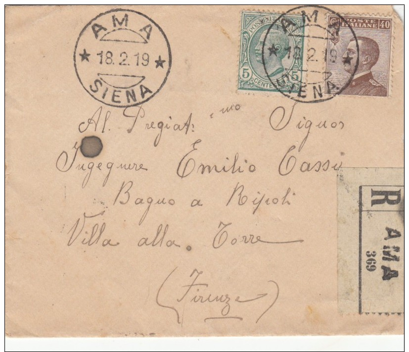 AMA / SIENA 1919 - AFFRANCATURA MISTA LEONI / MICHETTI  - RACCOMANDATA - S2405 - Storia Postale