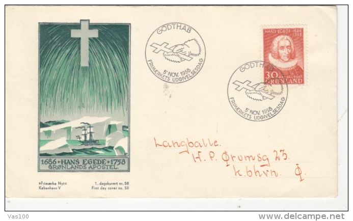 HANS EGEDE, EXPLORER, SHIP, CROSS, EMBOISED COVER FDC, 1958, GROENLAND - Explorers