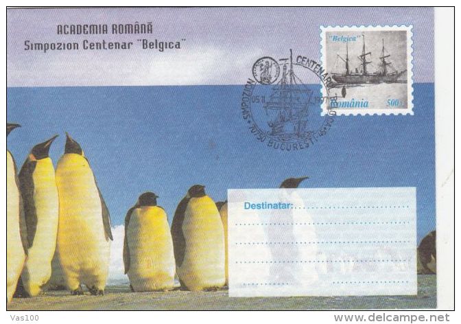 BELGICA ANTARCTIC EXPEDITION, SHIP, PENGUINS, COVER STATIONERY, ENTIER POSTAL, 1997, ROMANIA - Spedizioni Antartiche