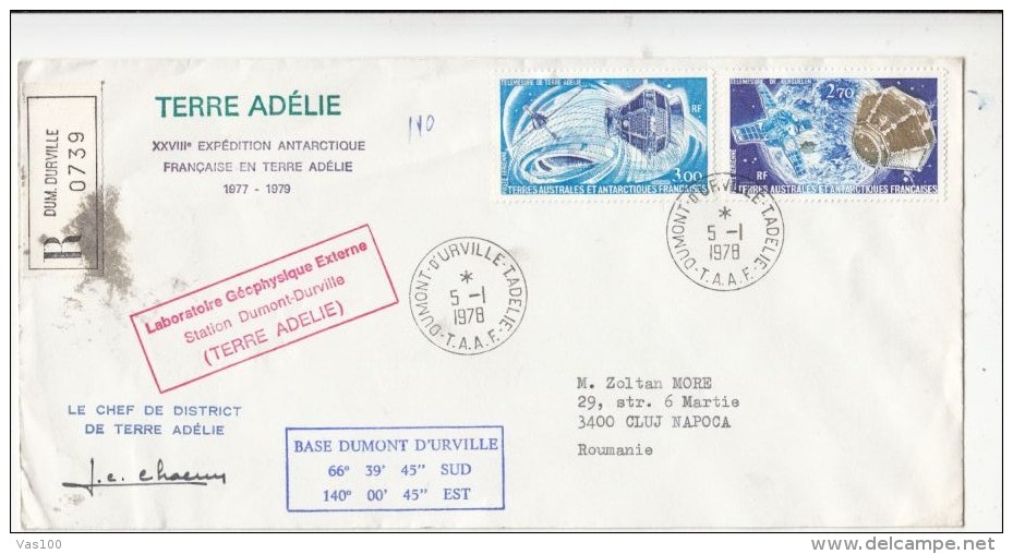 DUMONT D'URVILLE ANTARCTIC BASE, SPECIAL POSTMARKS ON REGISTERED COVER, 1978, T.A.A.F. - Research Stations