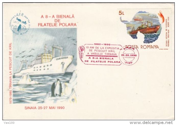 ANTARCTIC EXPEDITION, TARNAVA FISHING SHIP, PENGUIN, SPECIAL COVER, 1990, ROMANIA - Antarctische Expedities