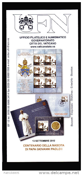 Vaticano °-X- 2012 -  St. Postale - Bollettino Ufficiale - Cent. Della Nascita  Di Papa Giovanni Paolo I - Cartas & Documentos