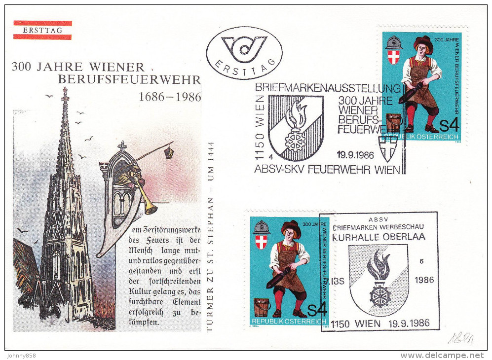1986, FDC-Kombi "300 Jahre Wiener Berufsfeuerwehr" M. Schmuckkuvert U. Sst. - Bombero