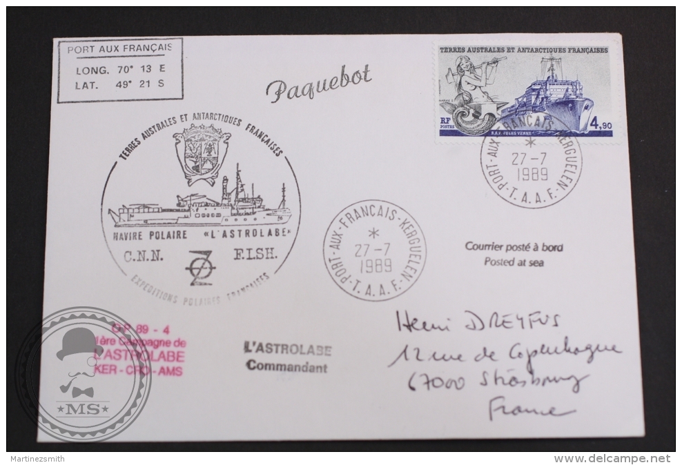 July 27, 1989 Cover - Polar Ship L´Astrolabe & The French Southern And Antarctic Lands Postmarks - Barcos Polares Y Rompehielos