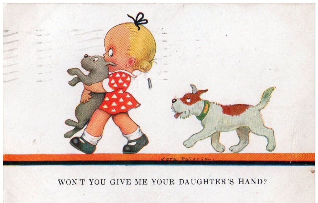 POSTED POSTCARD - 1935 -VINTAGE HUMOUR - " LITTLE GIRL WITH DOGS " SIGNED VERA PATERSON - Humor