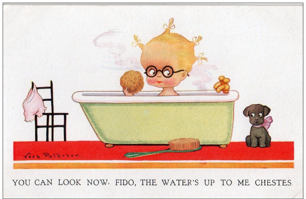 UNPOSTED POSTCARD  -VINTAGE HUMOUR - "LITTLE GIRL IN BATH" SIGNED VERA PATERSON - Humor