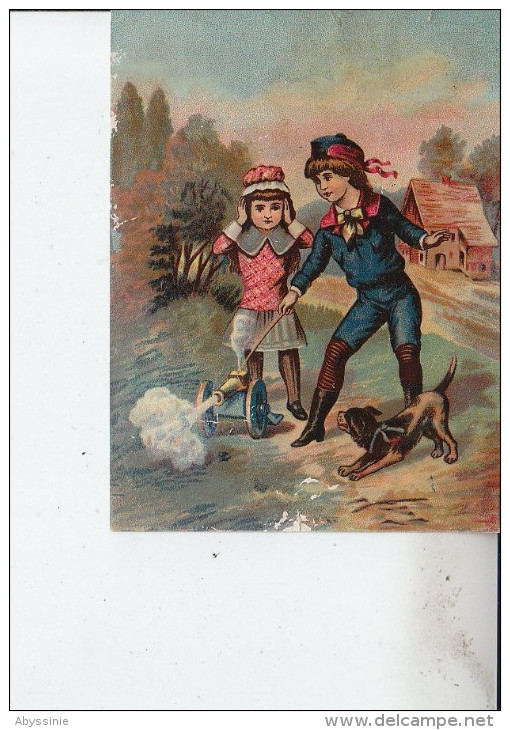 CHROMO DECOUPIS  Non Collé - Enfants, Canon, Chien - Chapeau - D19 33 - Enfants