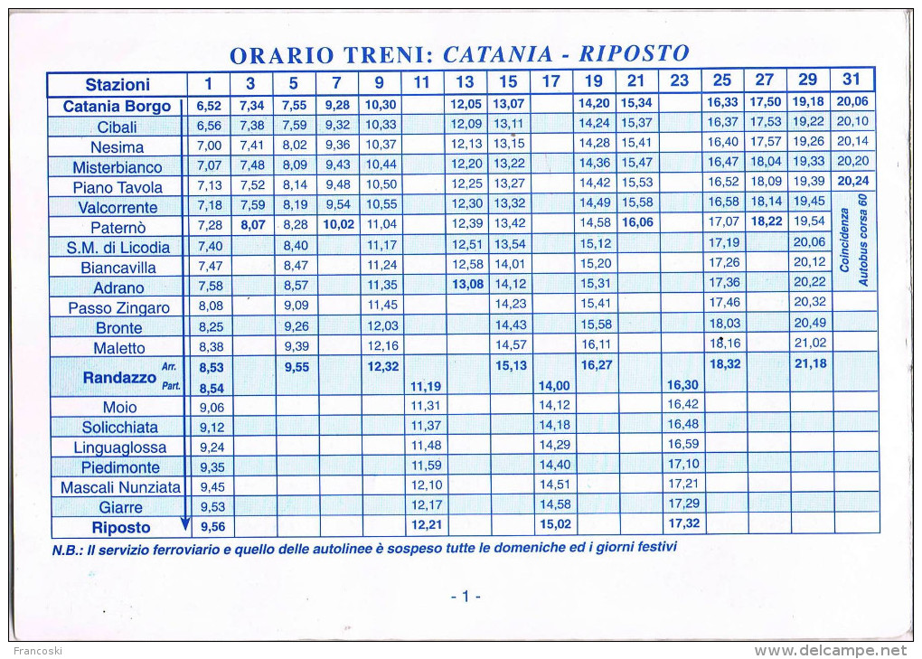 ORARIO FERROVIARIO FERROVIA CIRCUMETNEA CATANIA-RIPOSTO-estate 2000- - Europa