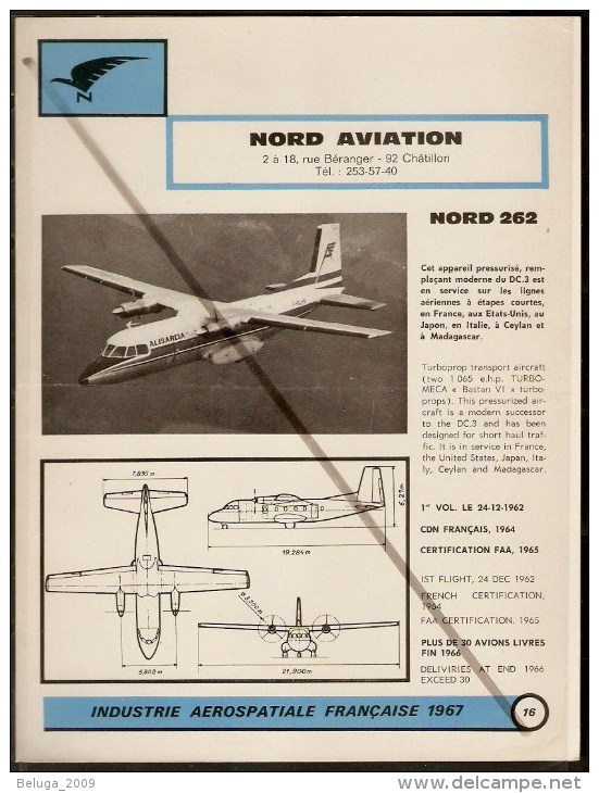 Nord Aviation Nord 262 1960s Fiche Descriptive - Document Rare - Profiles