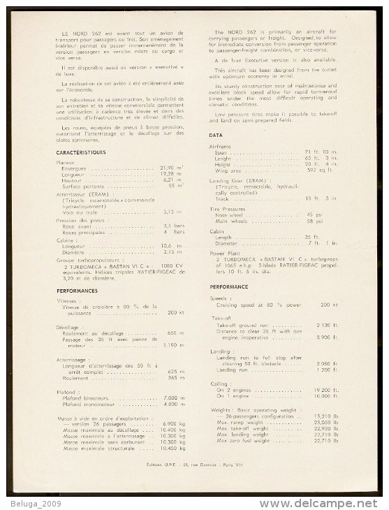 Nord Aviation Nord 262 1960s Fiche Descriptive - Document Rare - Profiles