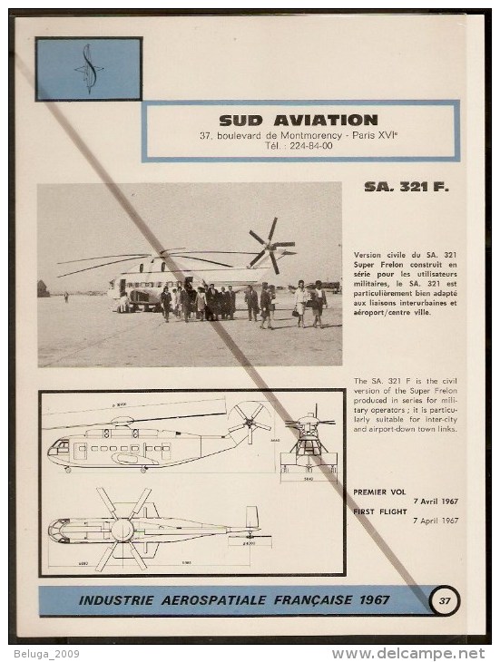 Sud Aviation SA 321 F Hélicoptère Civil Super Frelon - 1960s Fiche Descriptive - Document Rare - Hubschrauber