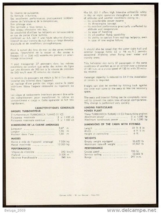 Sud Aviation SA 321 F Hélicoptère Civil Super Frelon - 1960s Fiche Descriptive - Document Rare - Hélicoptères