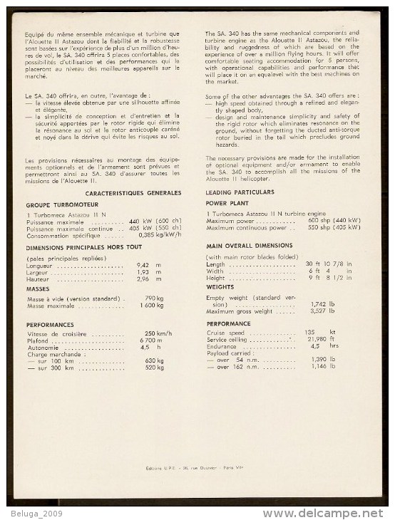 Sud Aviation Hélicoptère SA 340 - 1960s Fiche Descriptive - Document Rare - Elicotteri