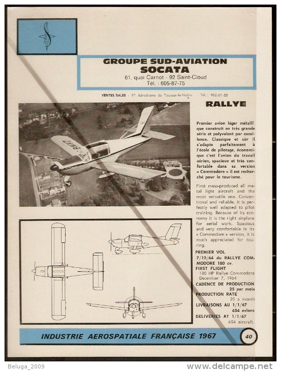 Sud Aviation / Socata Rallye Commodore - 1960s Fiche Descriptive Sheet - Document Rare - Profiles