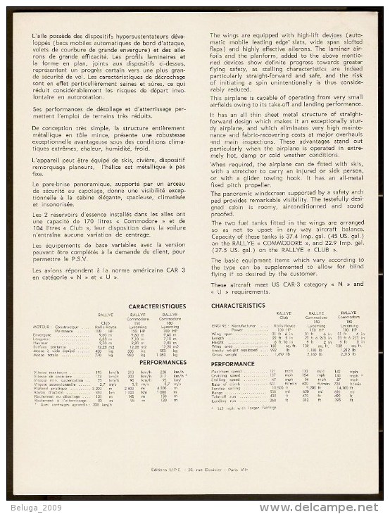Sud Aviation / Socata Rallye Commodore - 1960s Fiche Descriptive Sheet - Document Rare - Profiles