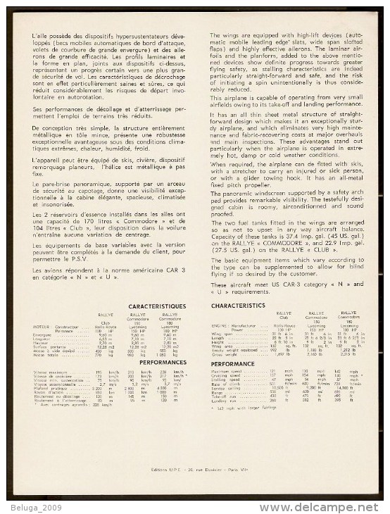 Sud Aviation / Socata Rallye Commodore - 1960s Fiche Descriptive Sheet - Document Rare - Perfiles