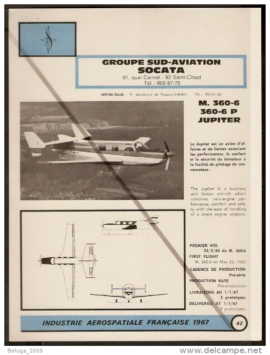 Sud Aviation / Socata M 360-6 P Jupiter - 1960s Fiche Descriptive - Document Rare - Profiles